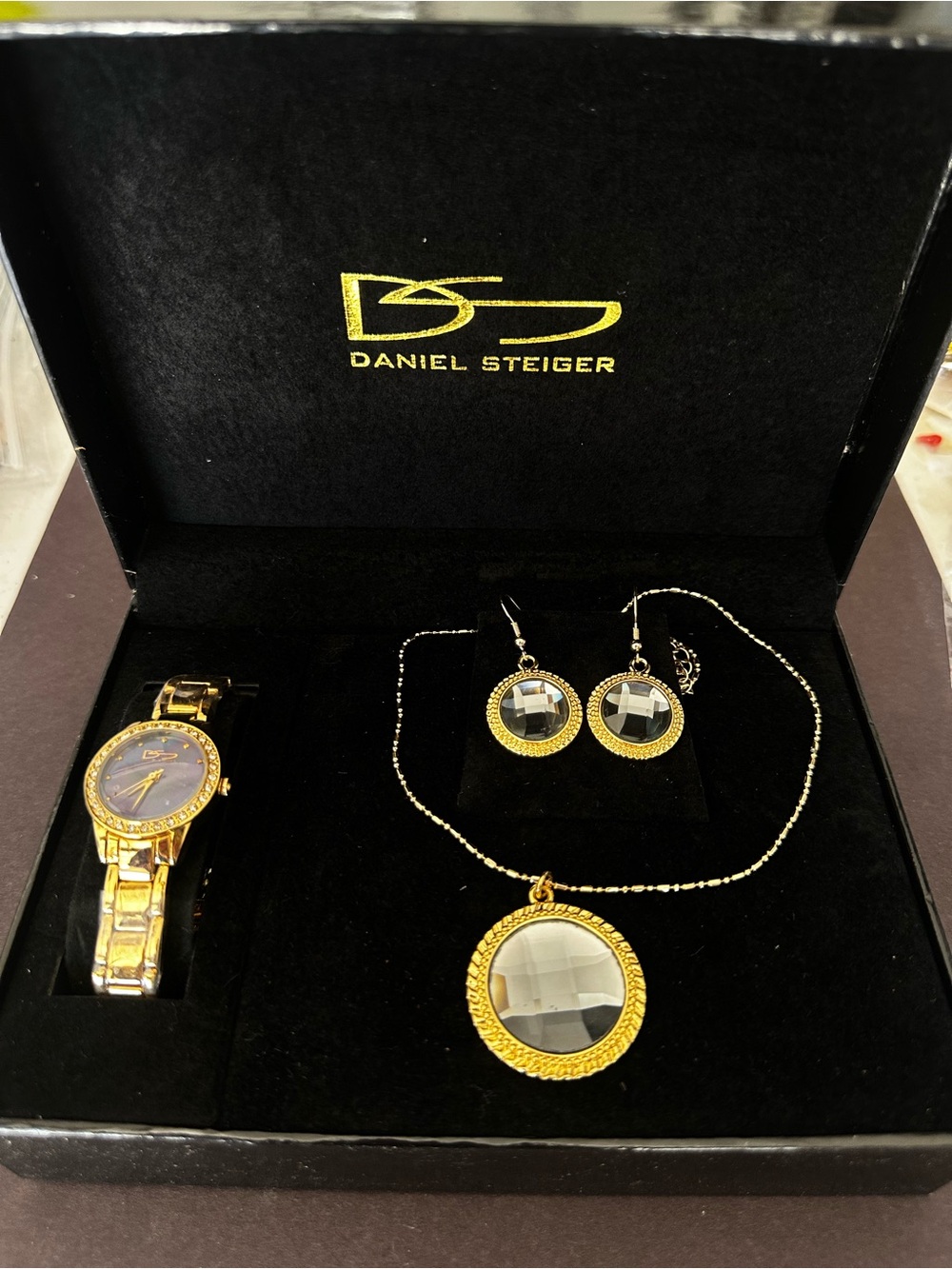 Gold Glass Crystal Lined Necklace Earrings and Watch Set Abalone Shell Bold